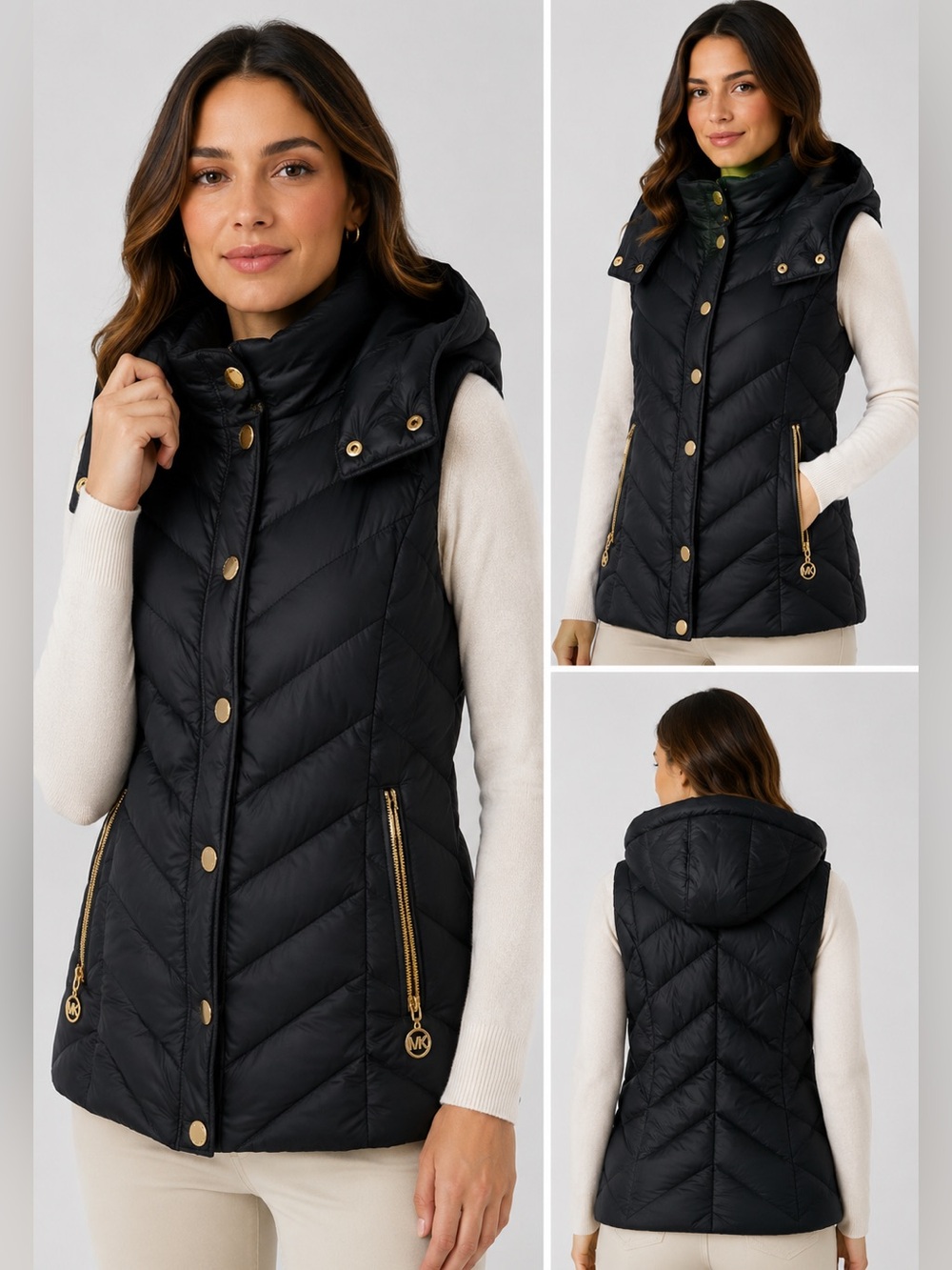 Michael Kors Black Quilted Hooded Down Puffer Vest with Gold Hardware Sz S